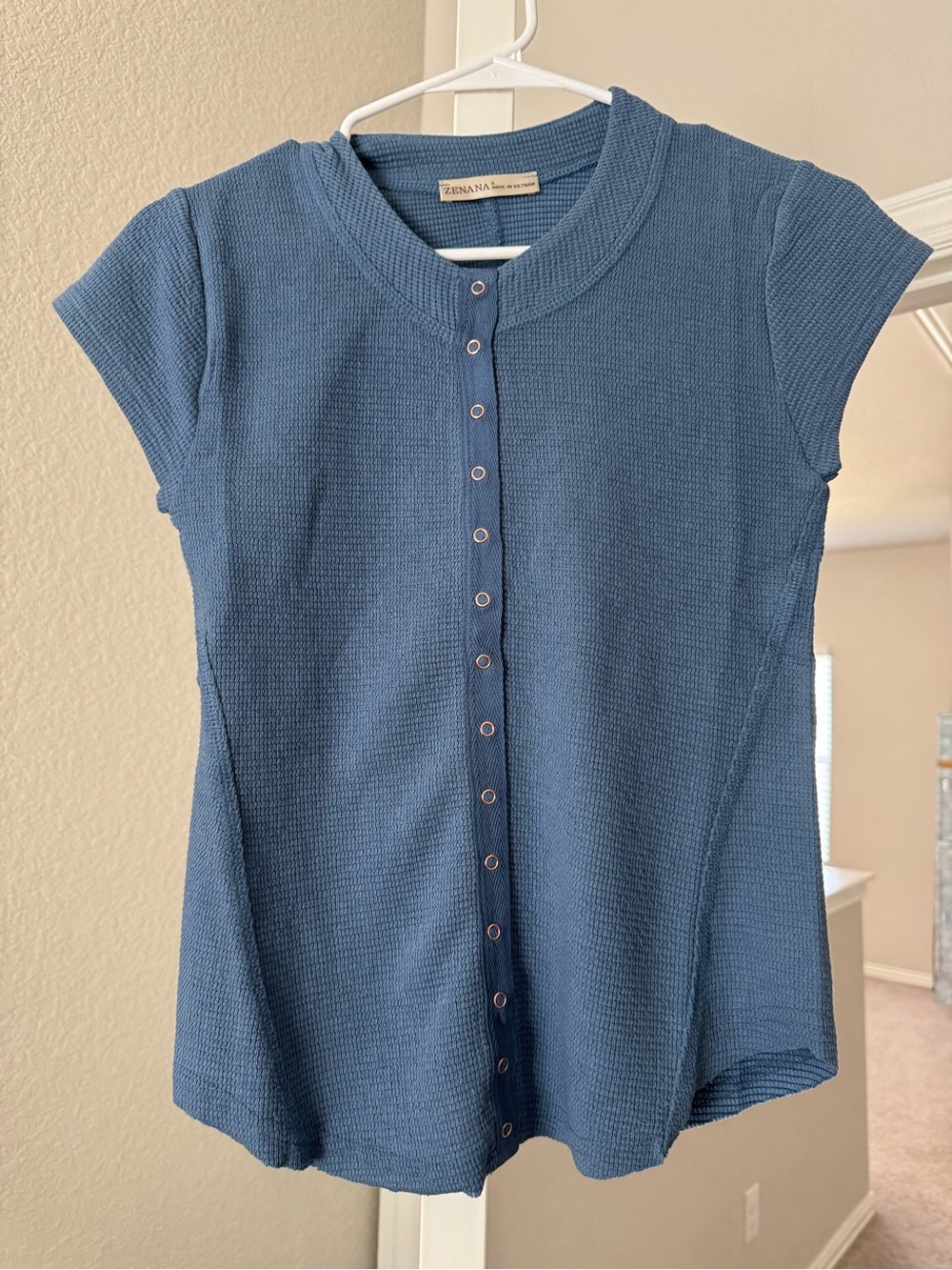 Blue Snap-Front Cap Sleeve Top